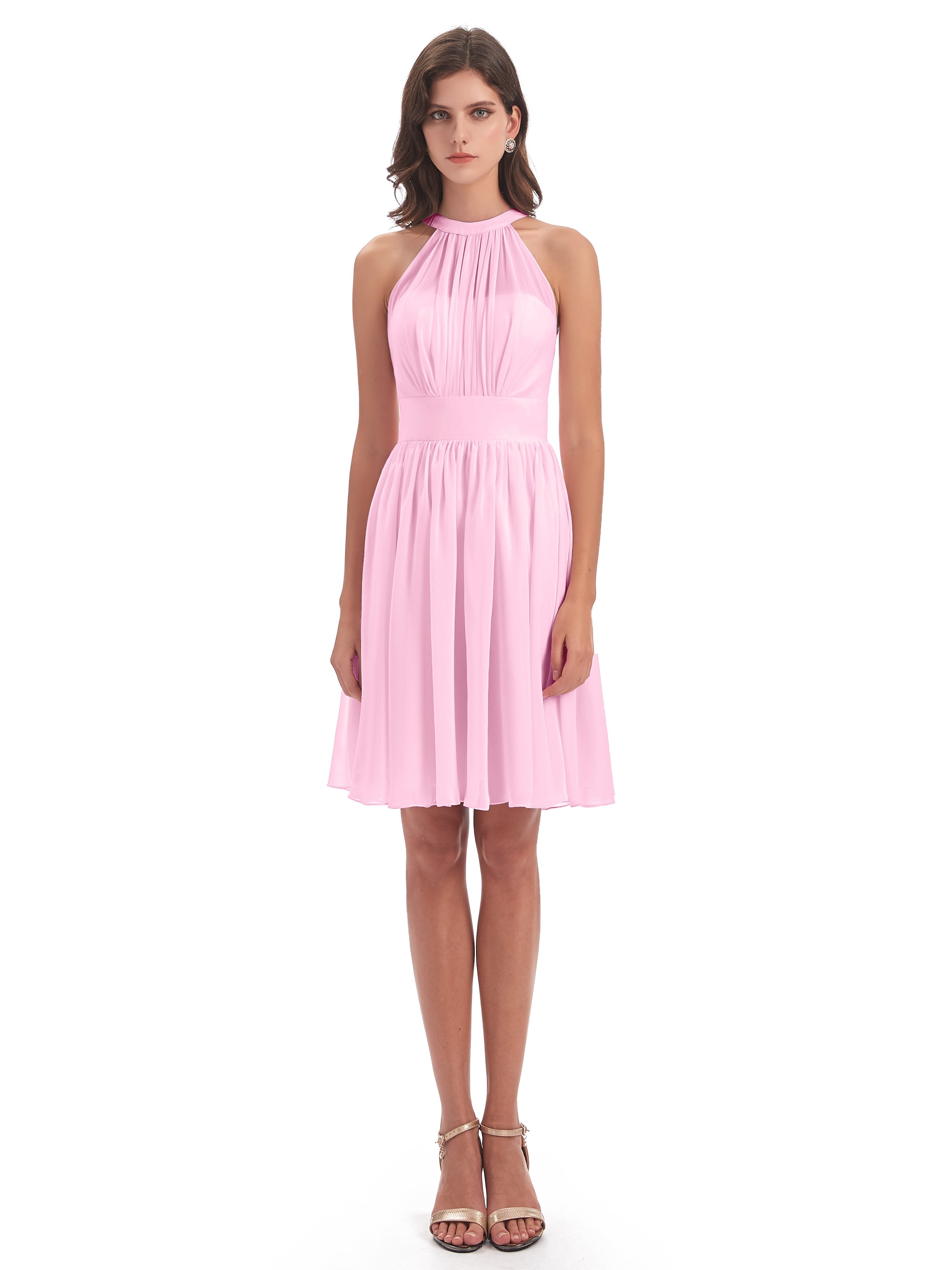 Tegan Knee Length Halter Chiffon Bridesmaid Dresses