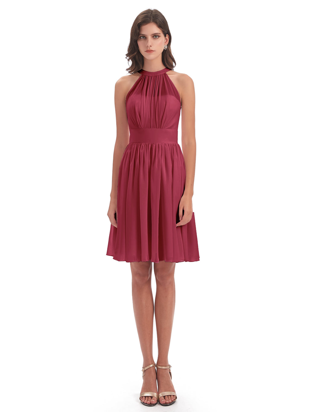 Tegan Knee Length Halter Chiffon Bridesmaid Dresses