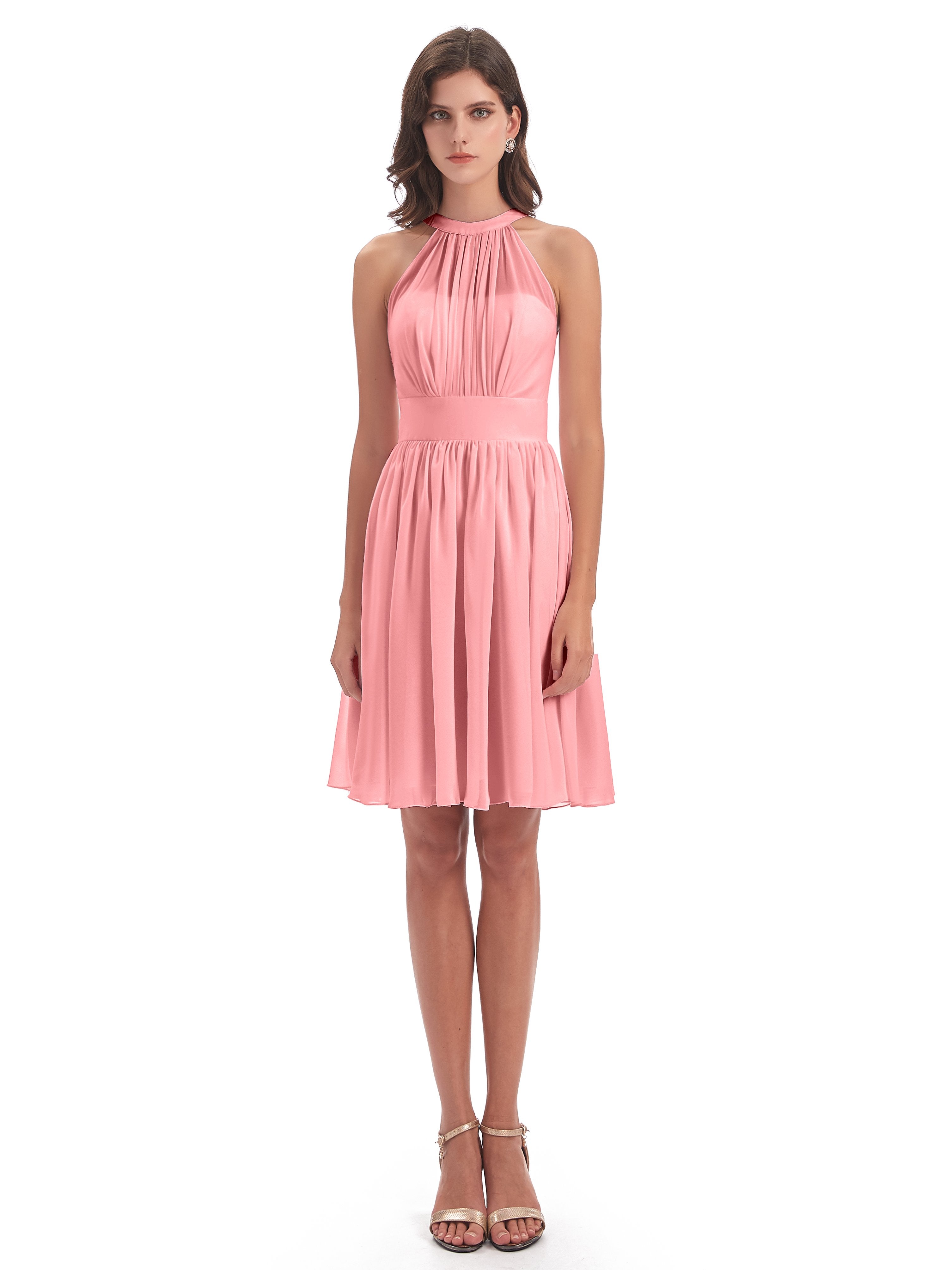 Tegan Knee Length Halter Chiffon Bridesmaid Dresses