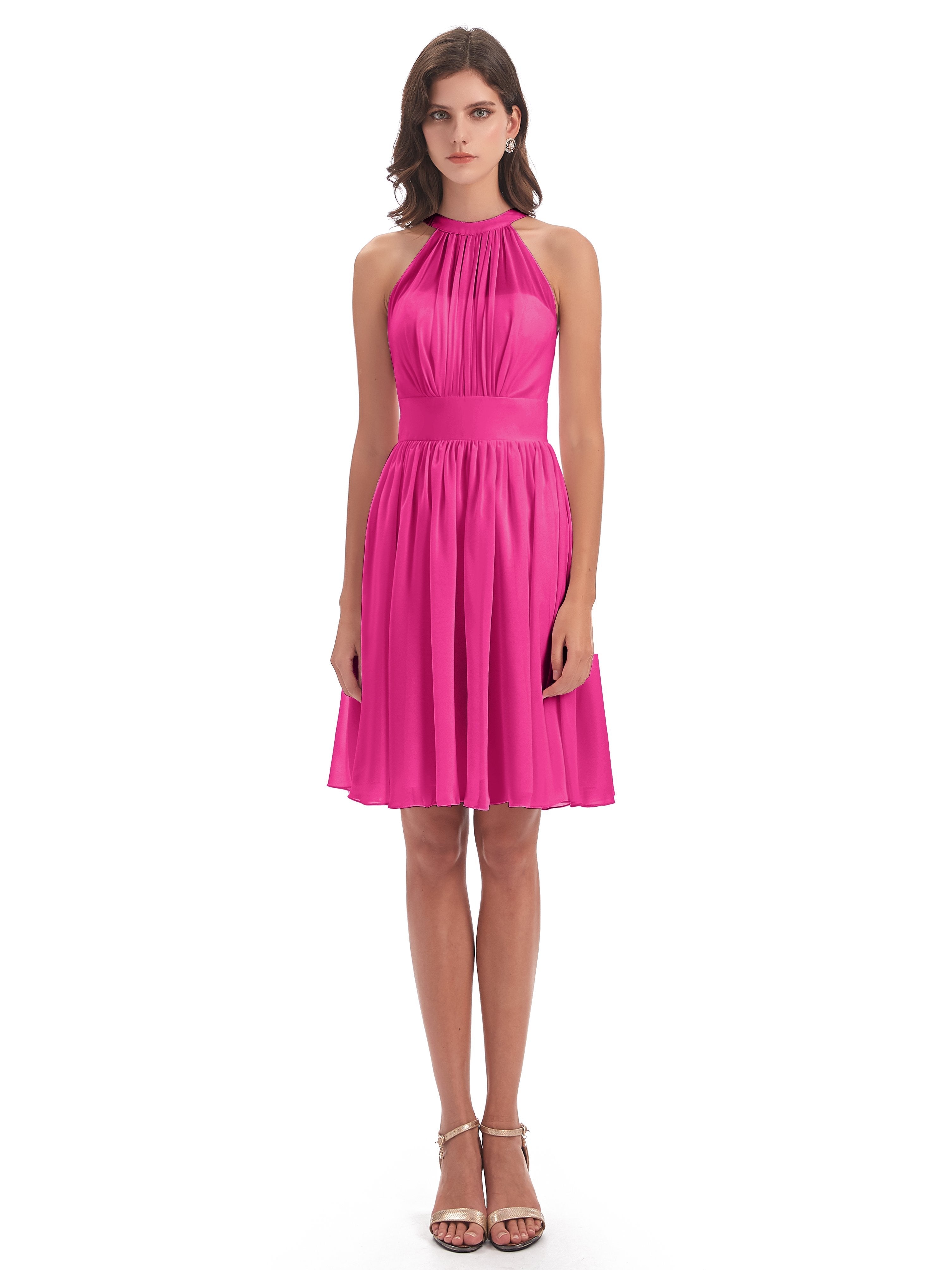 Tegan Knee Length Halter Chiffon Bridesmaid Dresses