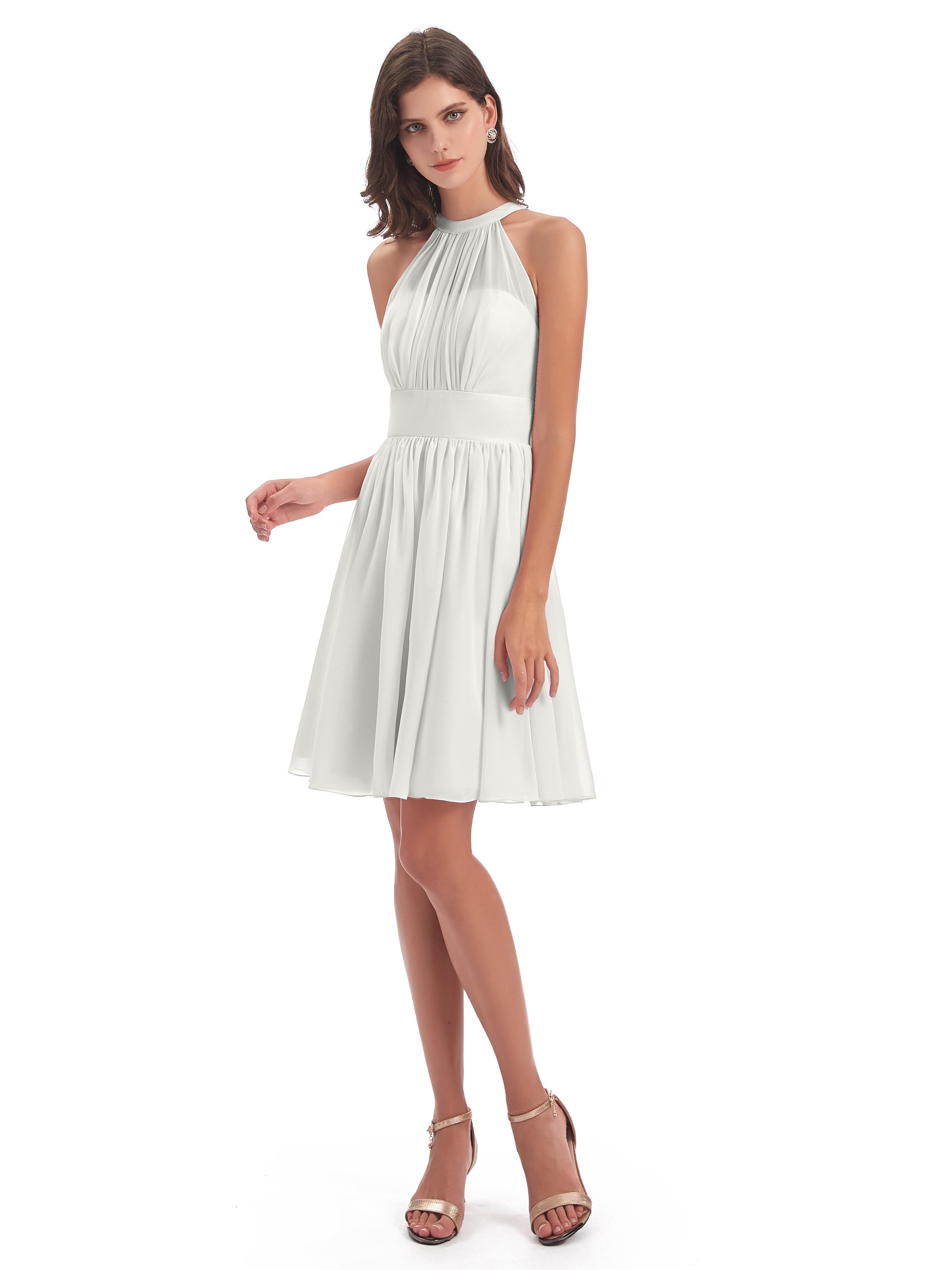 Tegan Knee Length Halter Chiffon Bridesmaid Dresses