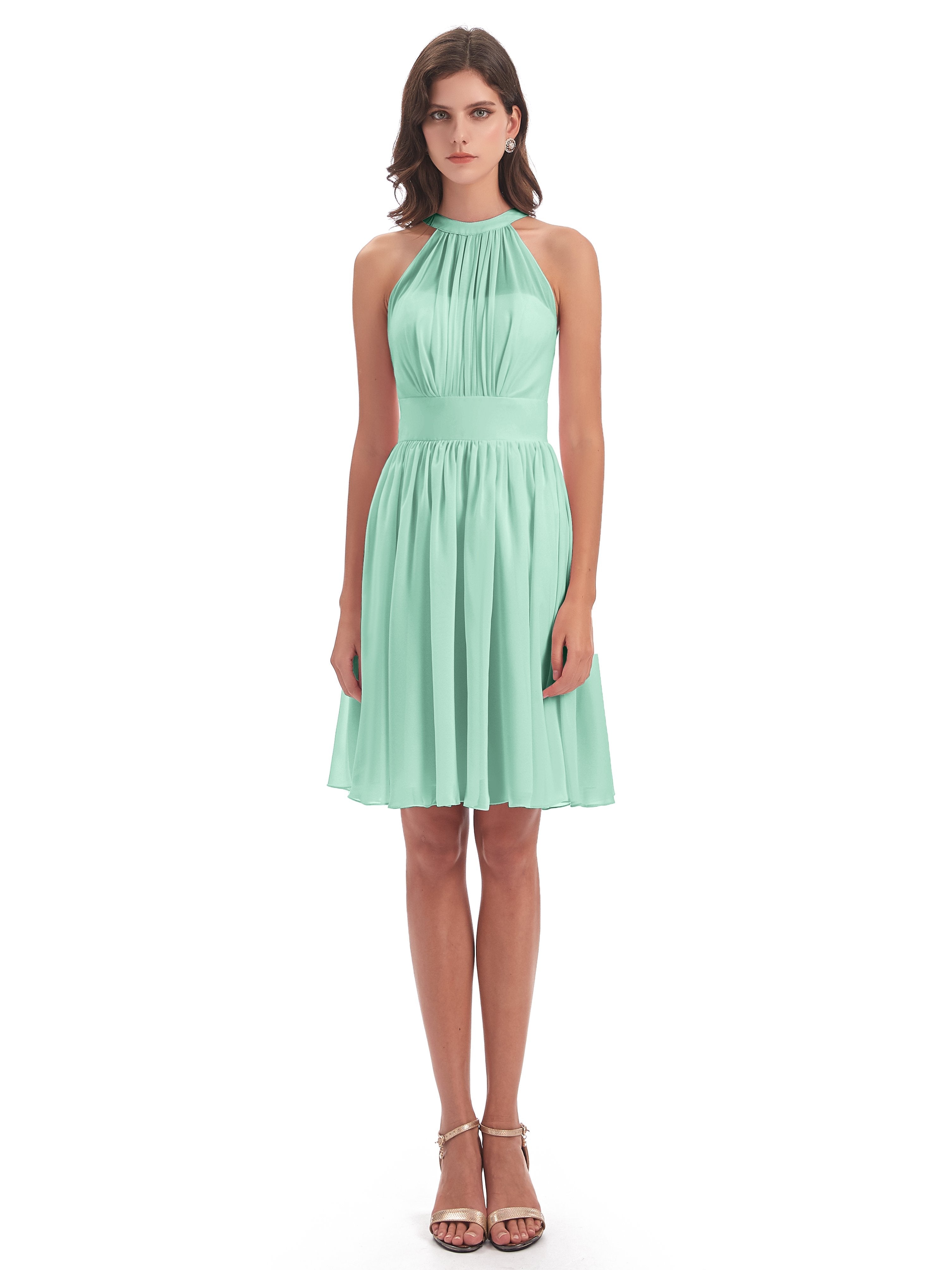 Tegan Knee Length Halter Chiffon Bridesmaid Dresses