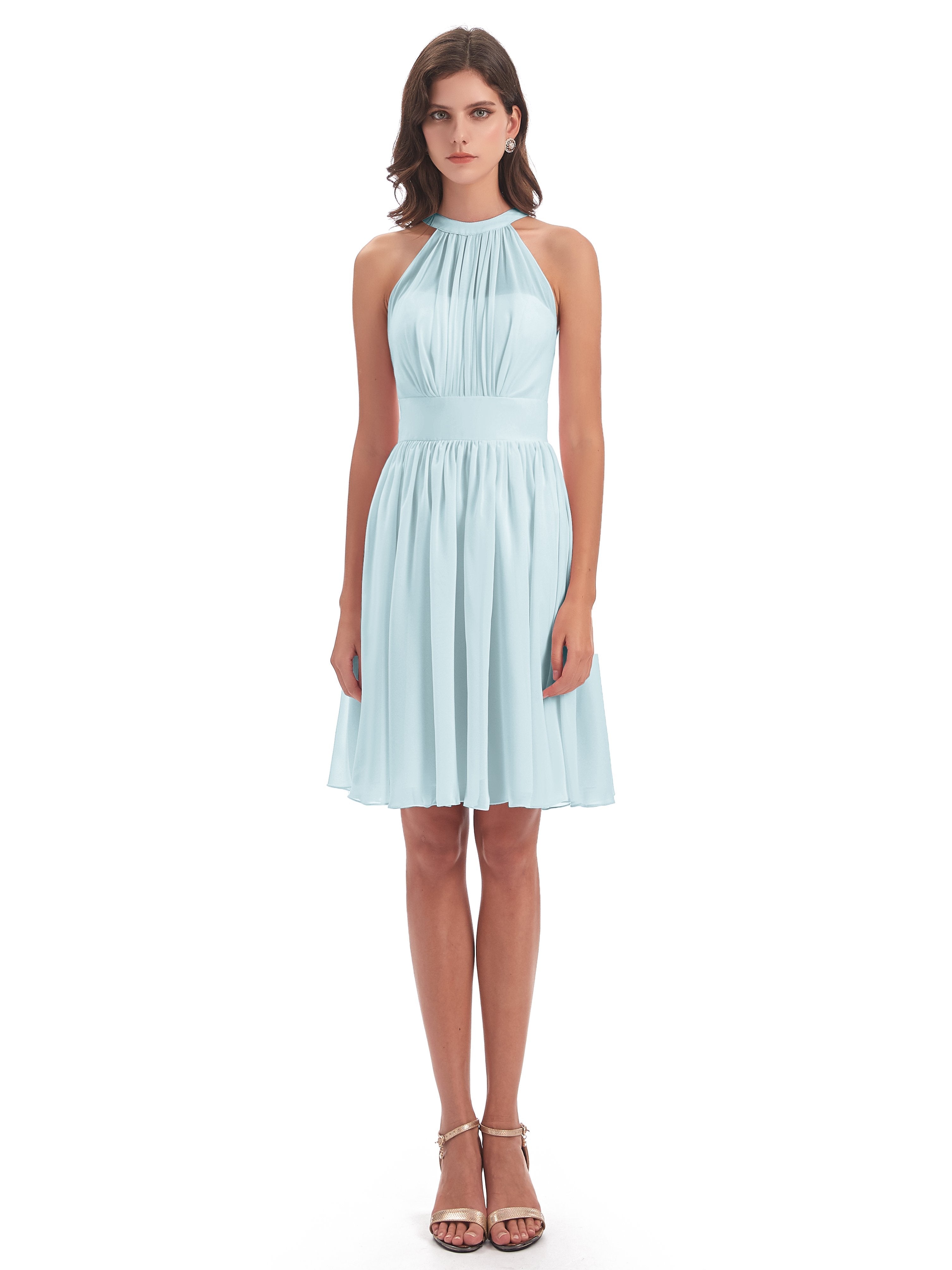 Tegan Knee Length Halter Chiffon Bridesmaid Dresses