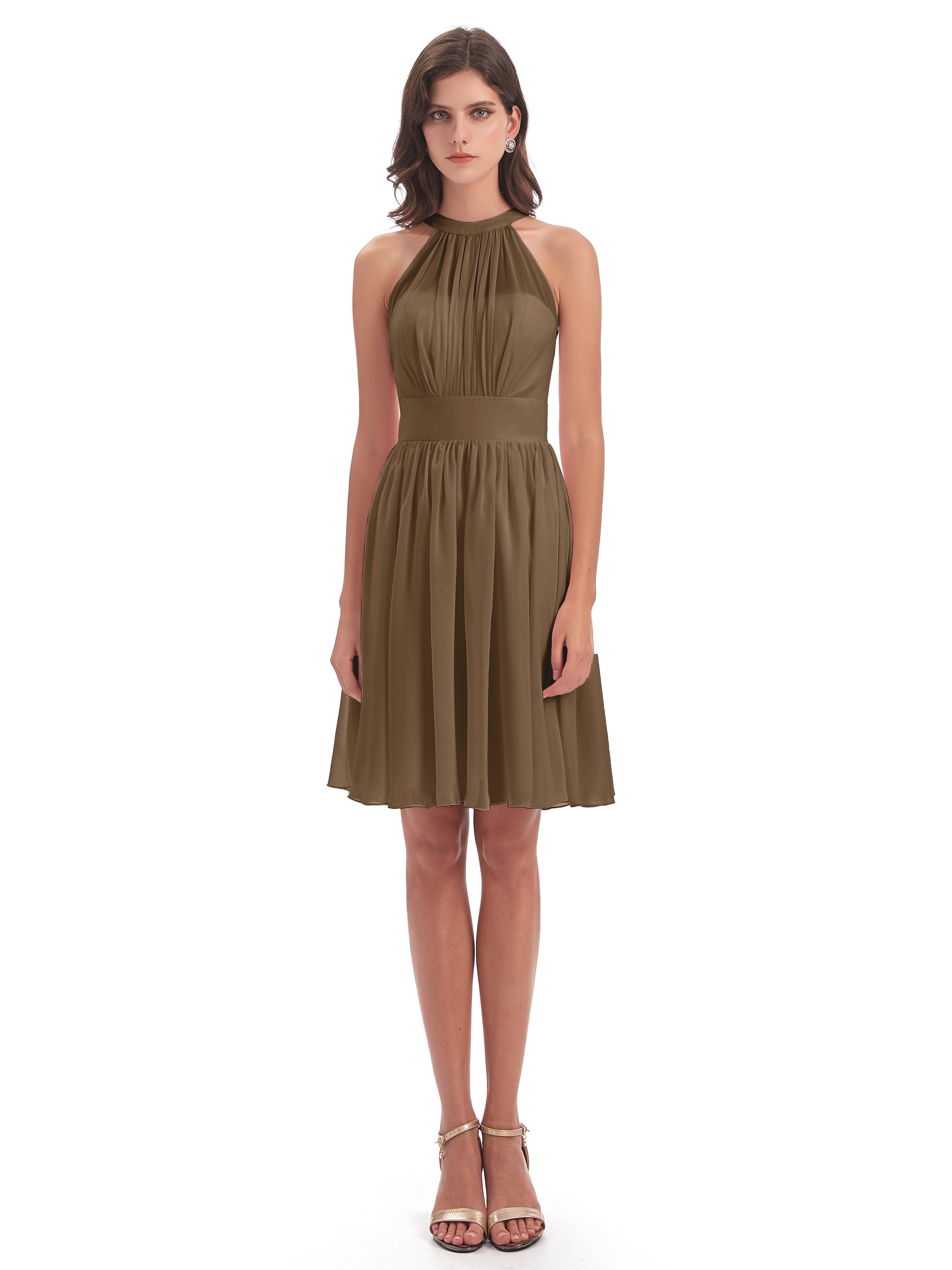 Tegan Knee Length Halter Chiffon Bridesmaid Dresses