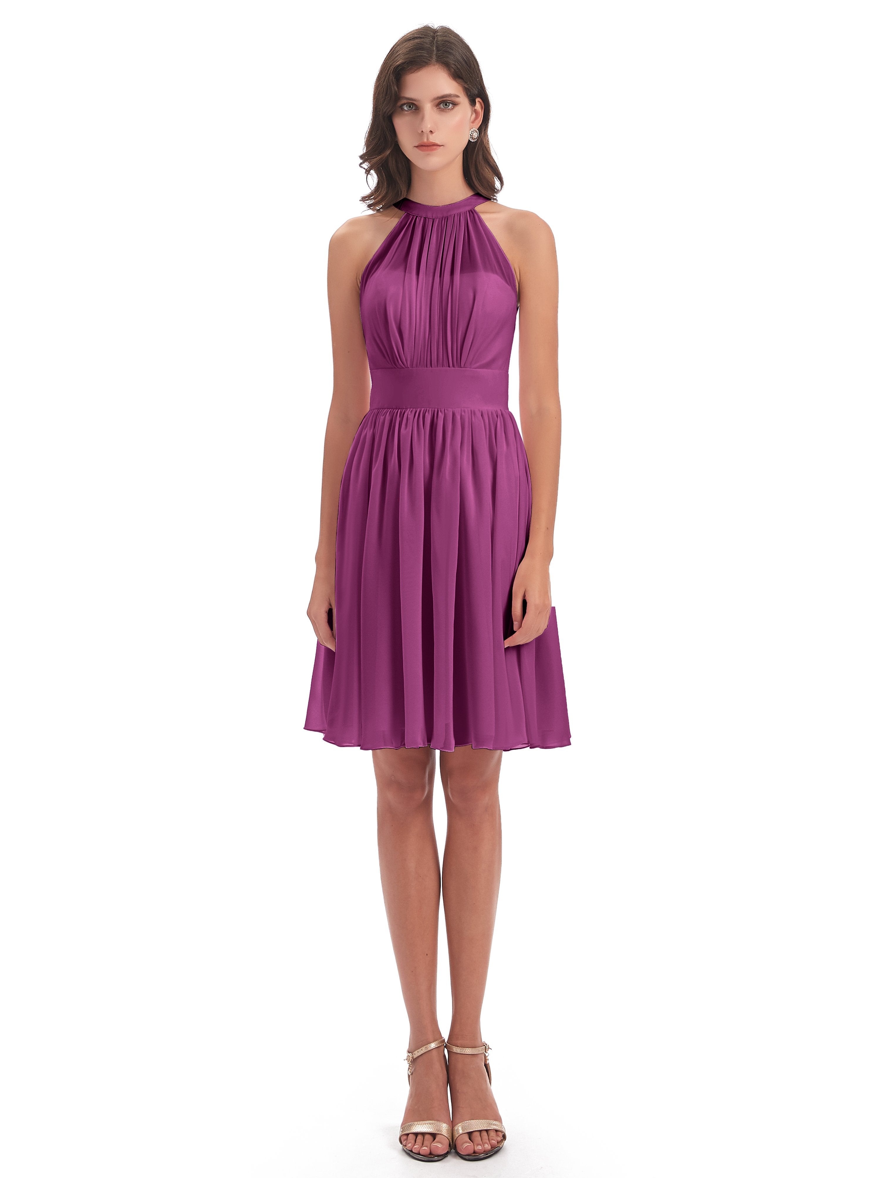 Tegan Knee Length Halter Chiffon Bridesmaid Dresses
