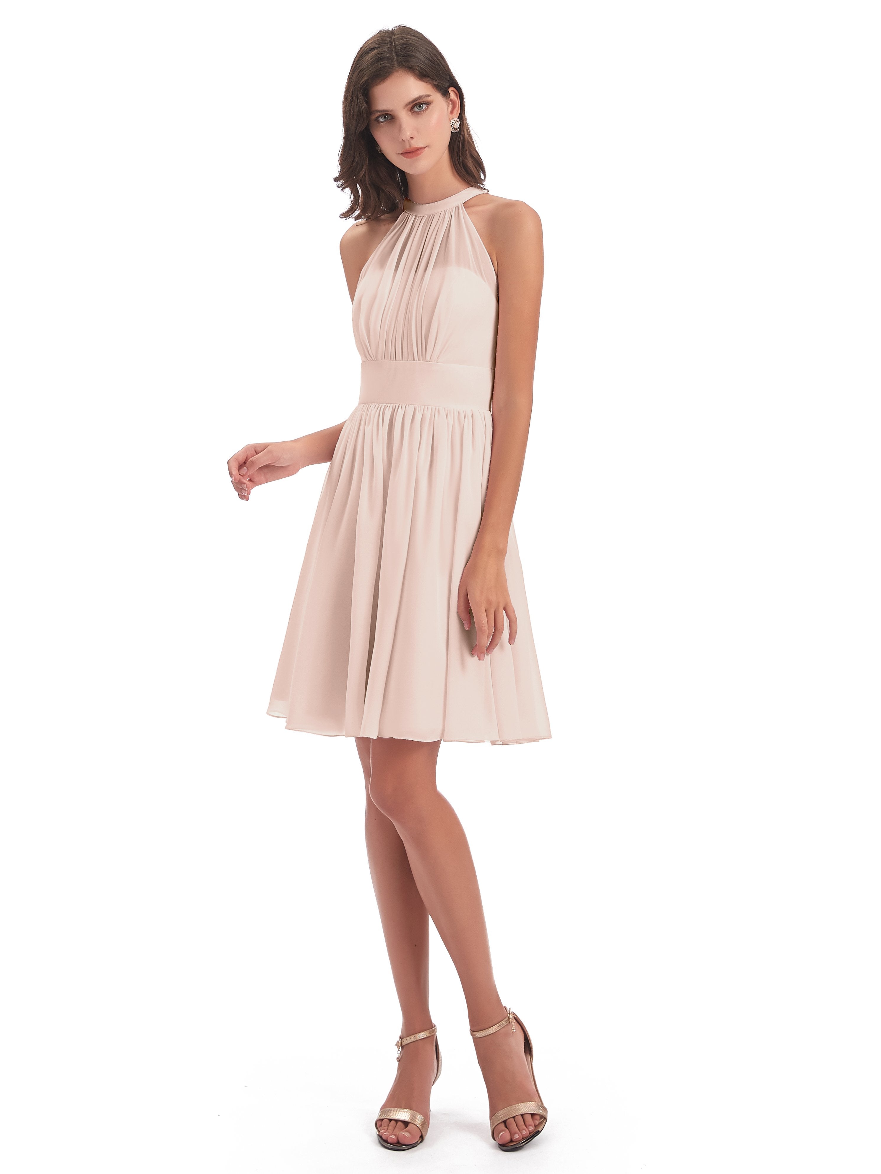 Tegan Knee Length Halter Chiffon Bridesmaid Dresses