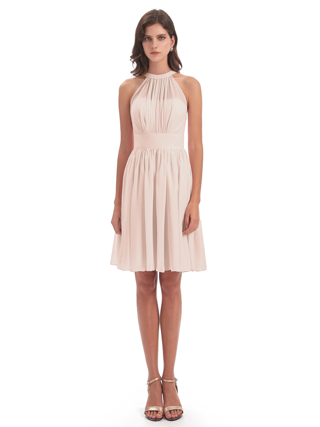 Tegan Knee Length Halter Chiffon Bridesmaid Dresses