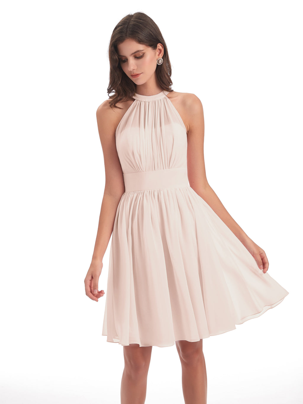 Tegan Knee Length Halter Chiffon Bridesmaid Dresses
