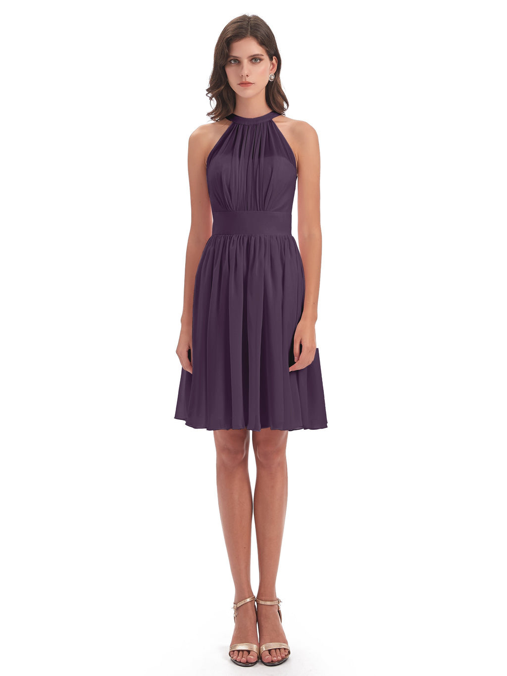 Tegan Knee Length Halter Chiffon Bridesmaid Dresses