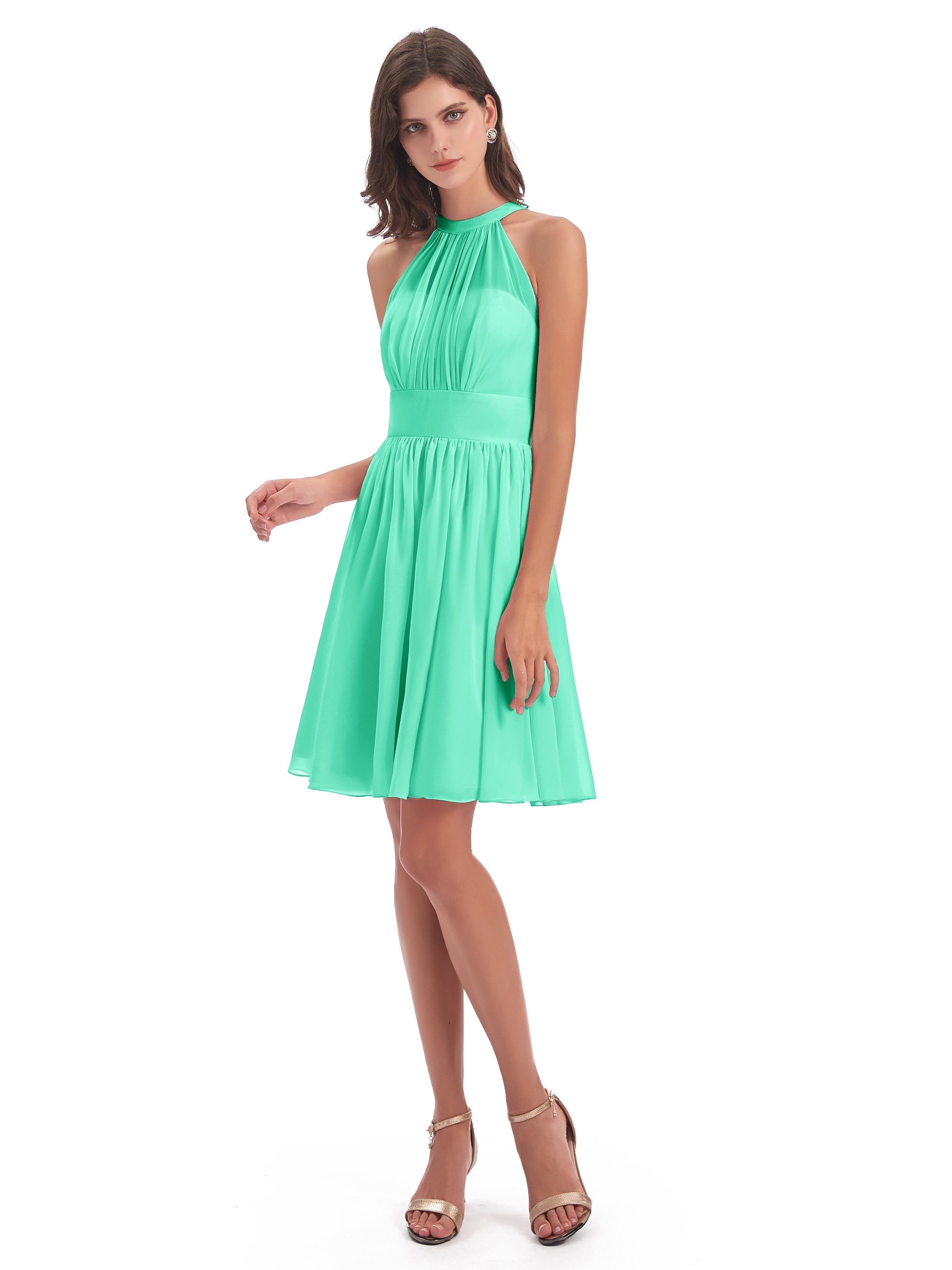 Tegan Knee Length Halter Chiffon Bridesmaid Dresses