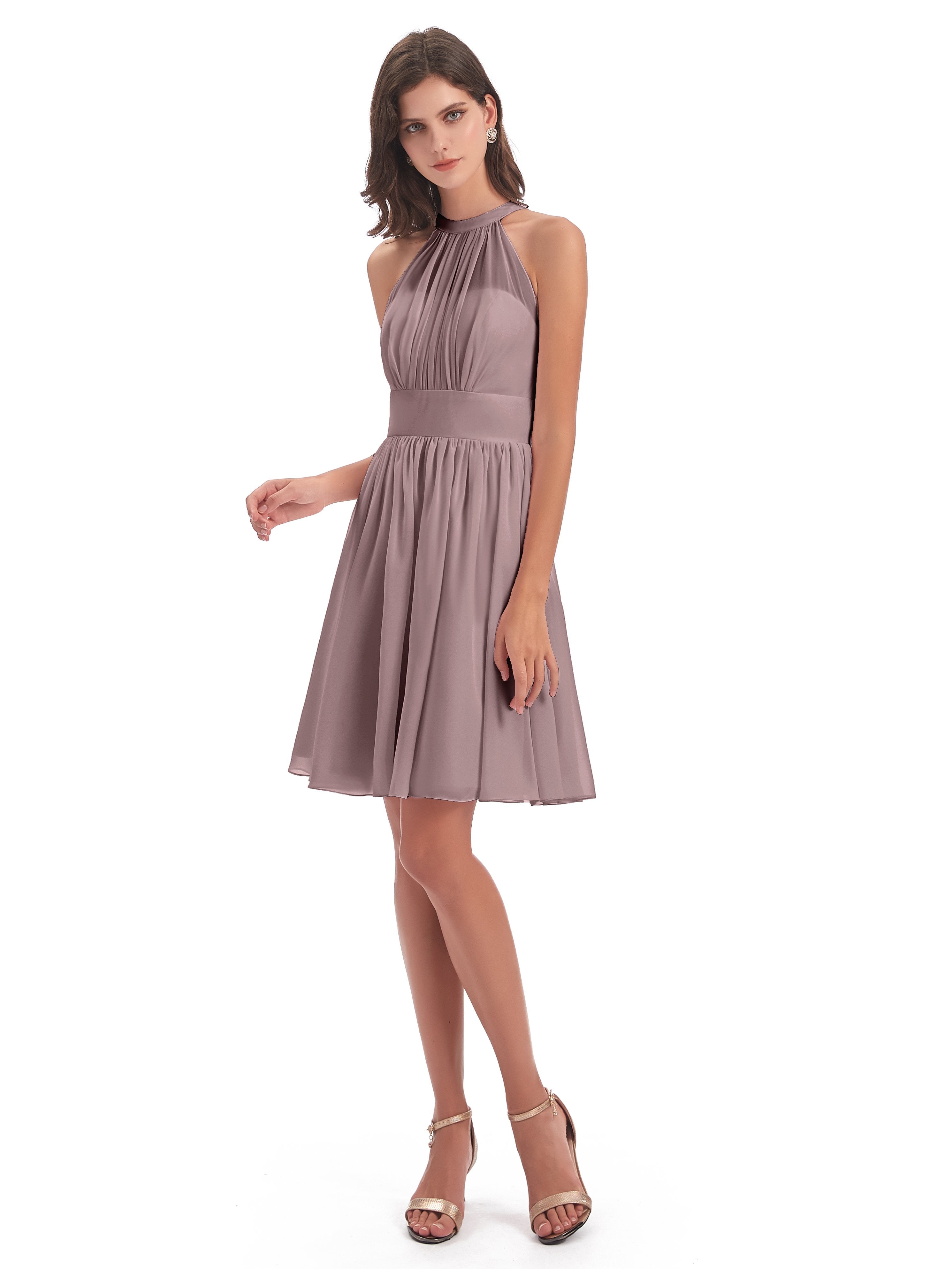 Tegan Knee Length Halter Chiffon Bridesmaid Dresses