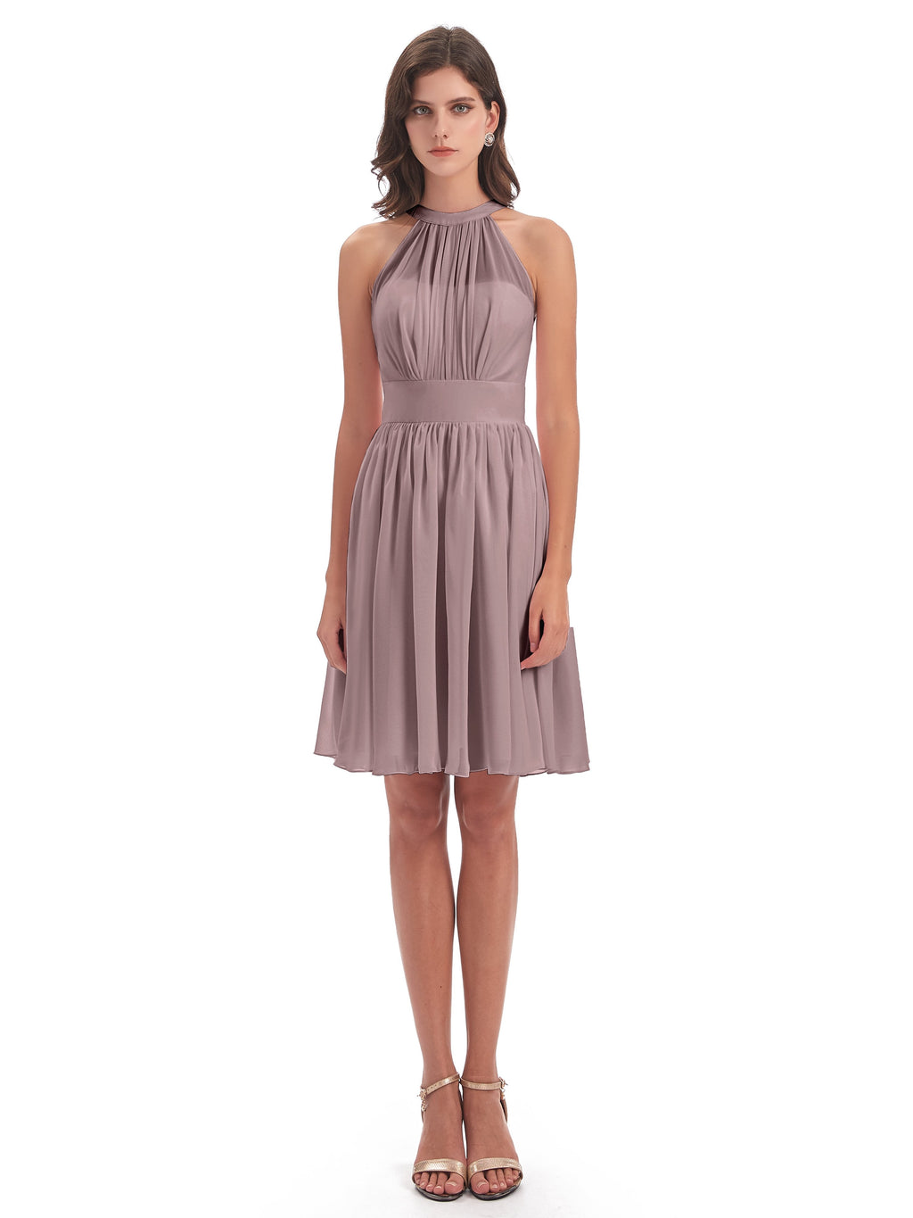Tegan Knee Length Halter Chiffon Bridesmaid Dresses