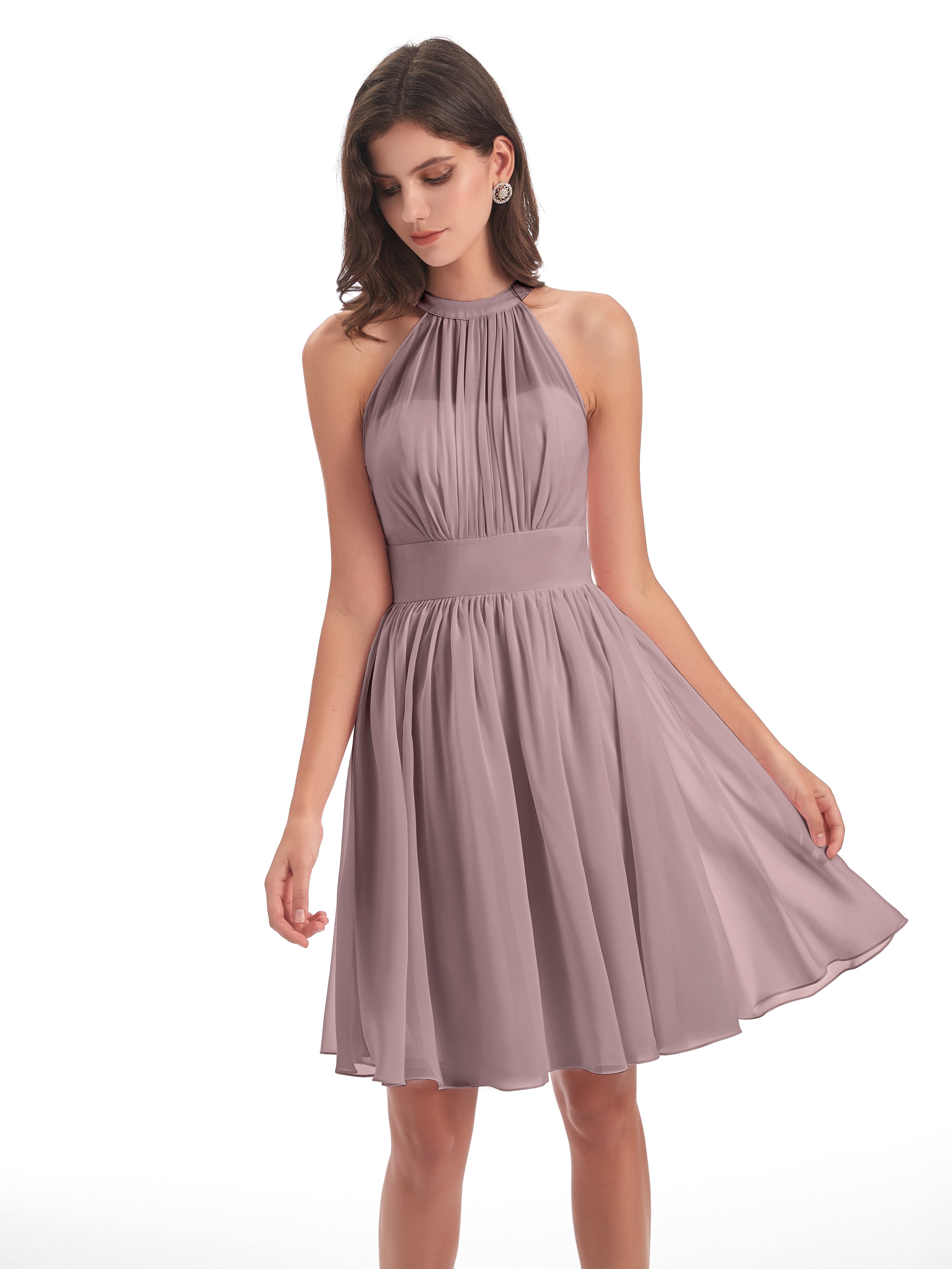 Tegan Knee Length Halter Chiffon Bridesmaid Dresses