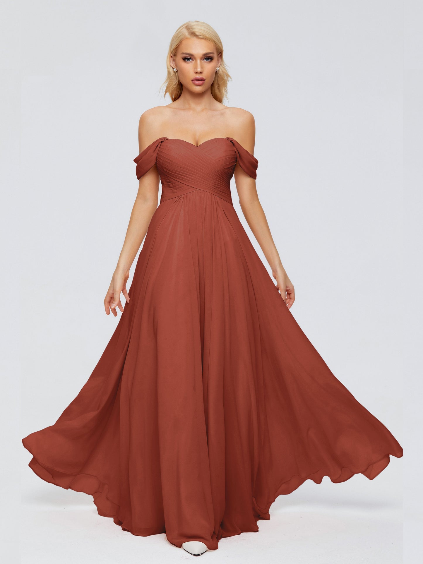 Trinity Off-The-Shoulder Chiffon Bridesmaid Dresses