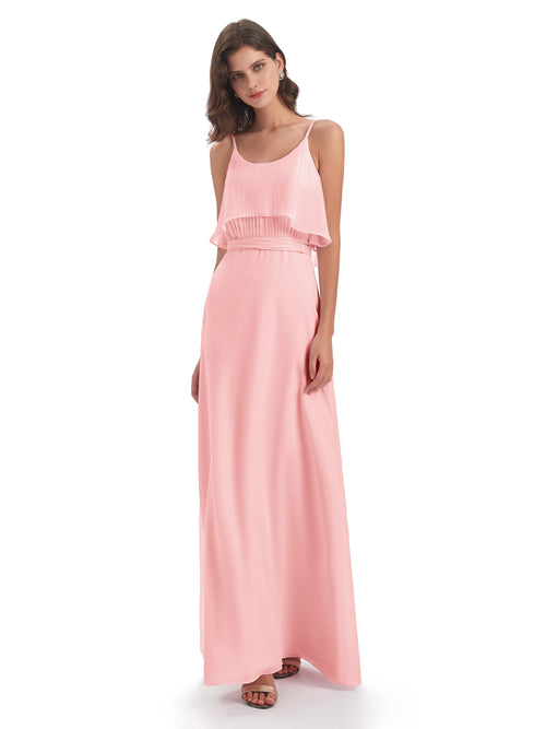 Vada Sheath-Column Floor Length Spaghetti Straps Chiffon Long Bridesmaid Dresses