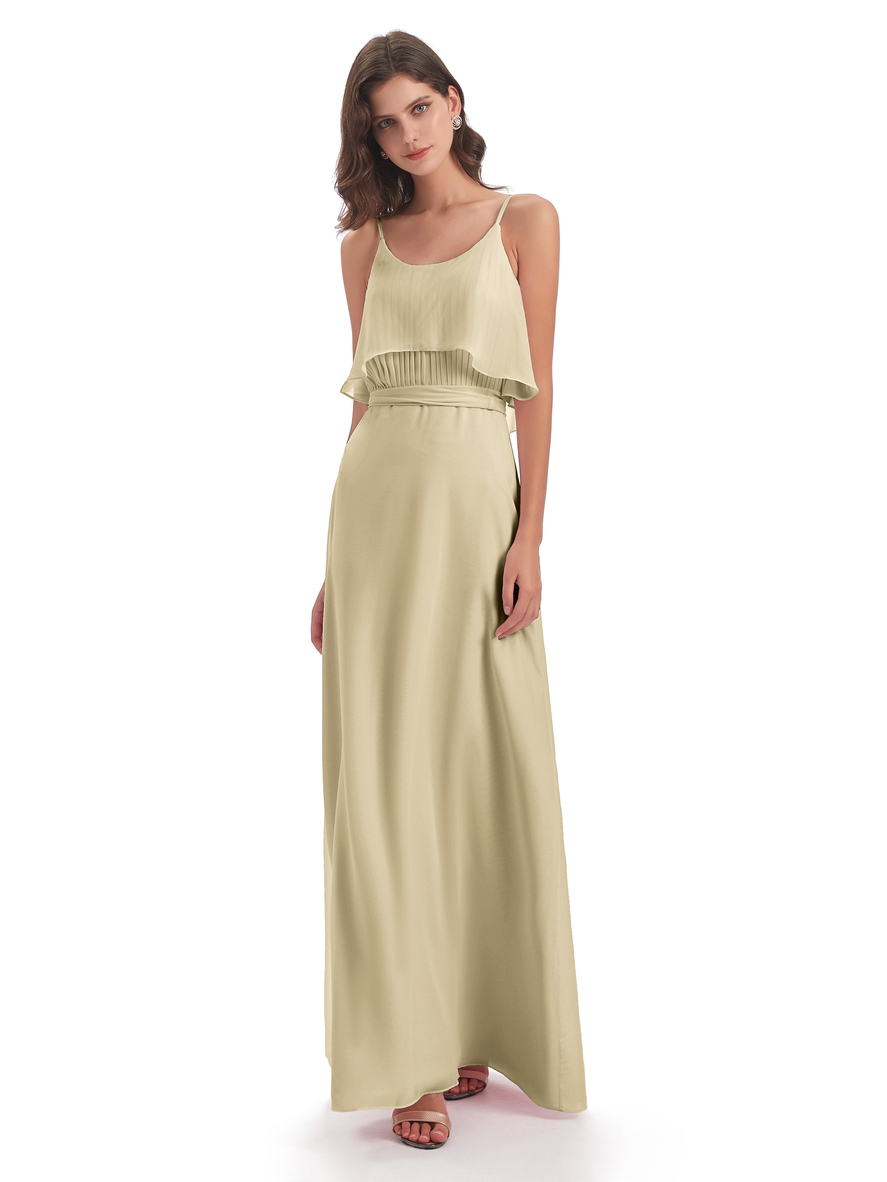 Vada Sheath-Column Floor Length Spaghetti Straps Chiffon Long Bridesmaid Dresses