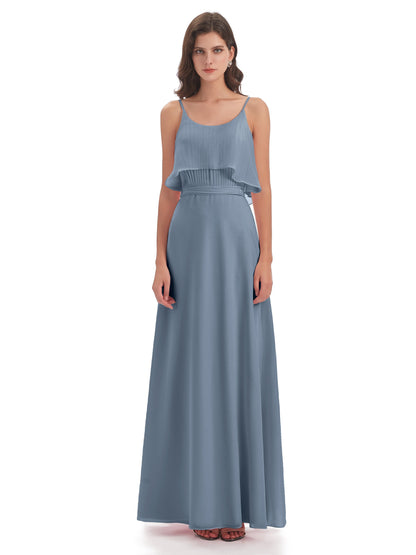 Vada Sheath-Column Floor Length Spaghetti Straps Chiffon Long Bridesmaid Dresses