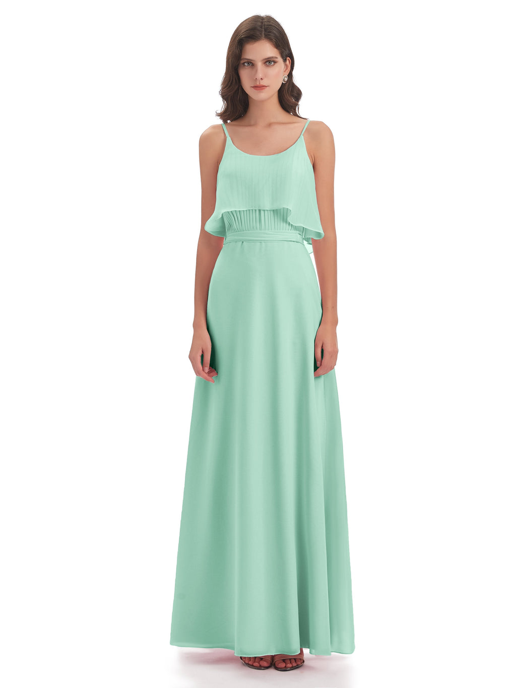 Vada Sheath-Column Floor Length Spaghetti Straps Chiffon Long Bridesmaid Dresses