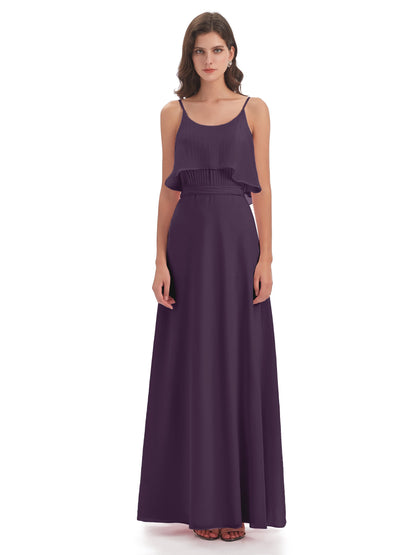 Vada Sheath-Column Floor Length Spaghetti Straps Chiffon Long Bridesmaid Dresses