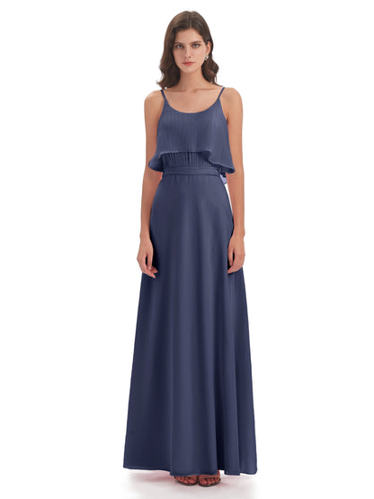 Vada Sheath-Column Floor Length Spaghetti Straps Chiffon Long Bridesmaid Dresses