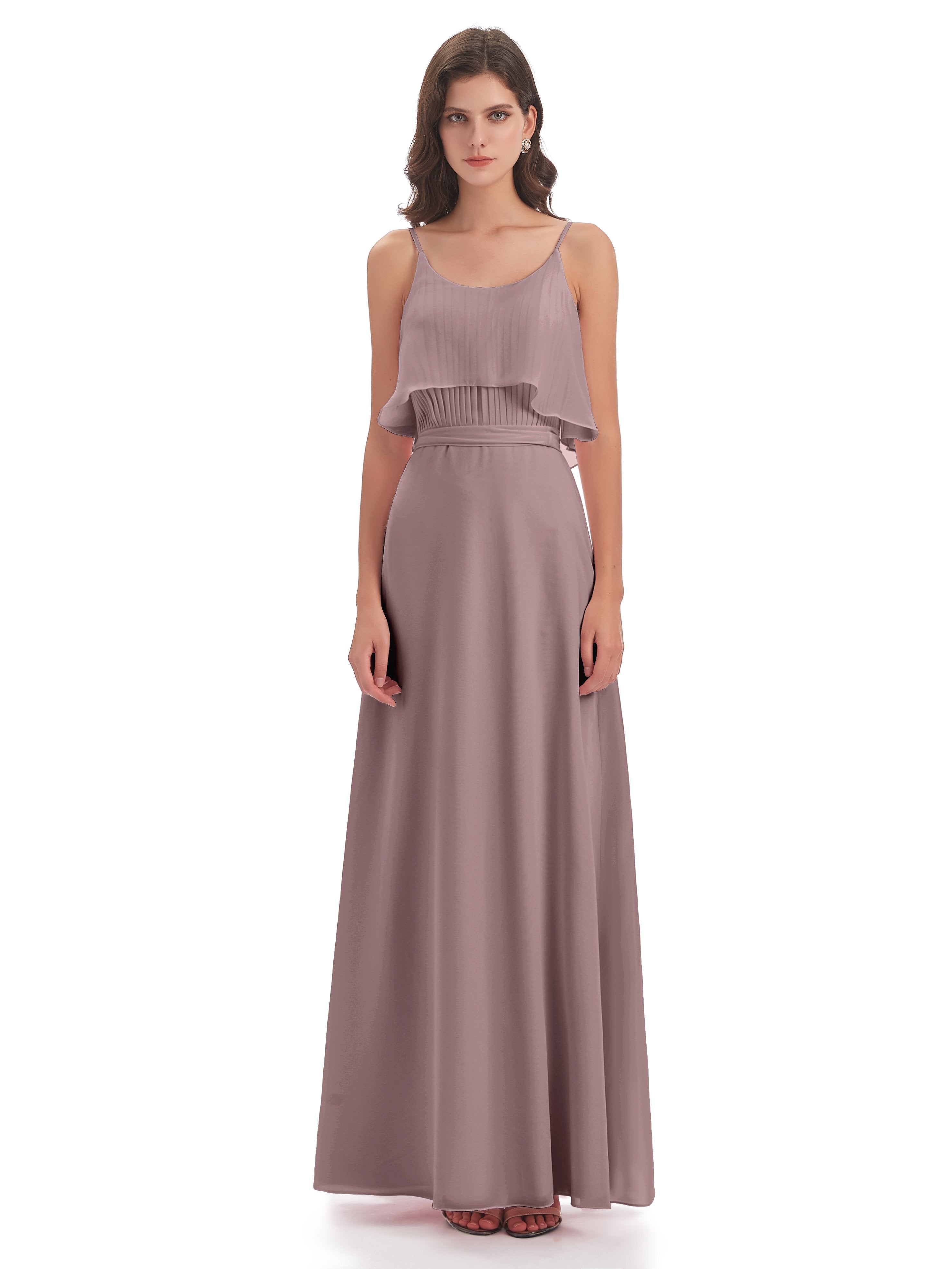 Vada Sheath-Column Floor Length Spaghetti Straps Chiffon Long Bridesmaid Dresses