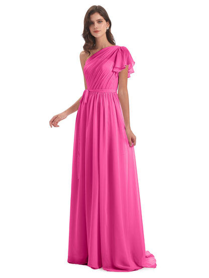 A-line Sweep-Brush Train One Shoulder Chiffon Long Bridesmaid Dresses
