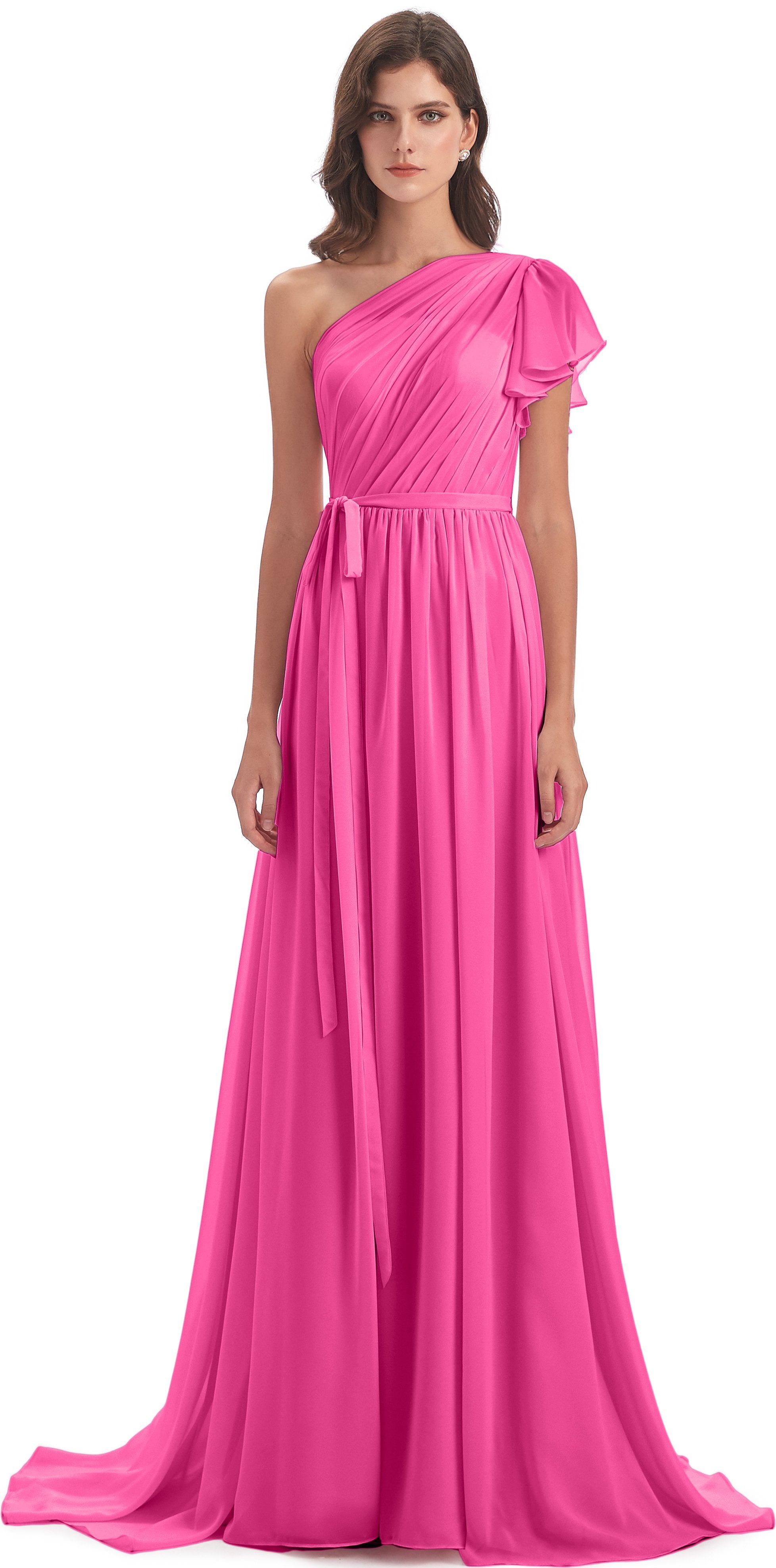 A-line Sweep-Brush Train One Shoulder Chiffon Long Bridesmaid Dresses