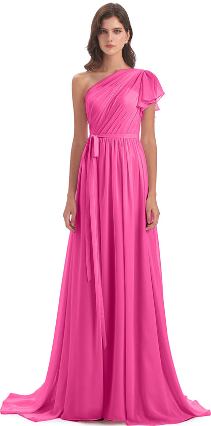 A-line Sweep-Brush Train One Shoulder Chiffon Long Bridesmaid Dresses
