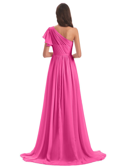 A-line Sweep-Brush Train One Shoulder Chiffon Long Bridesmaid Dresses