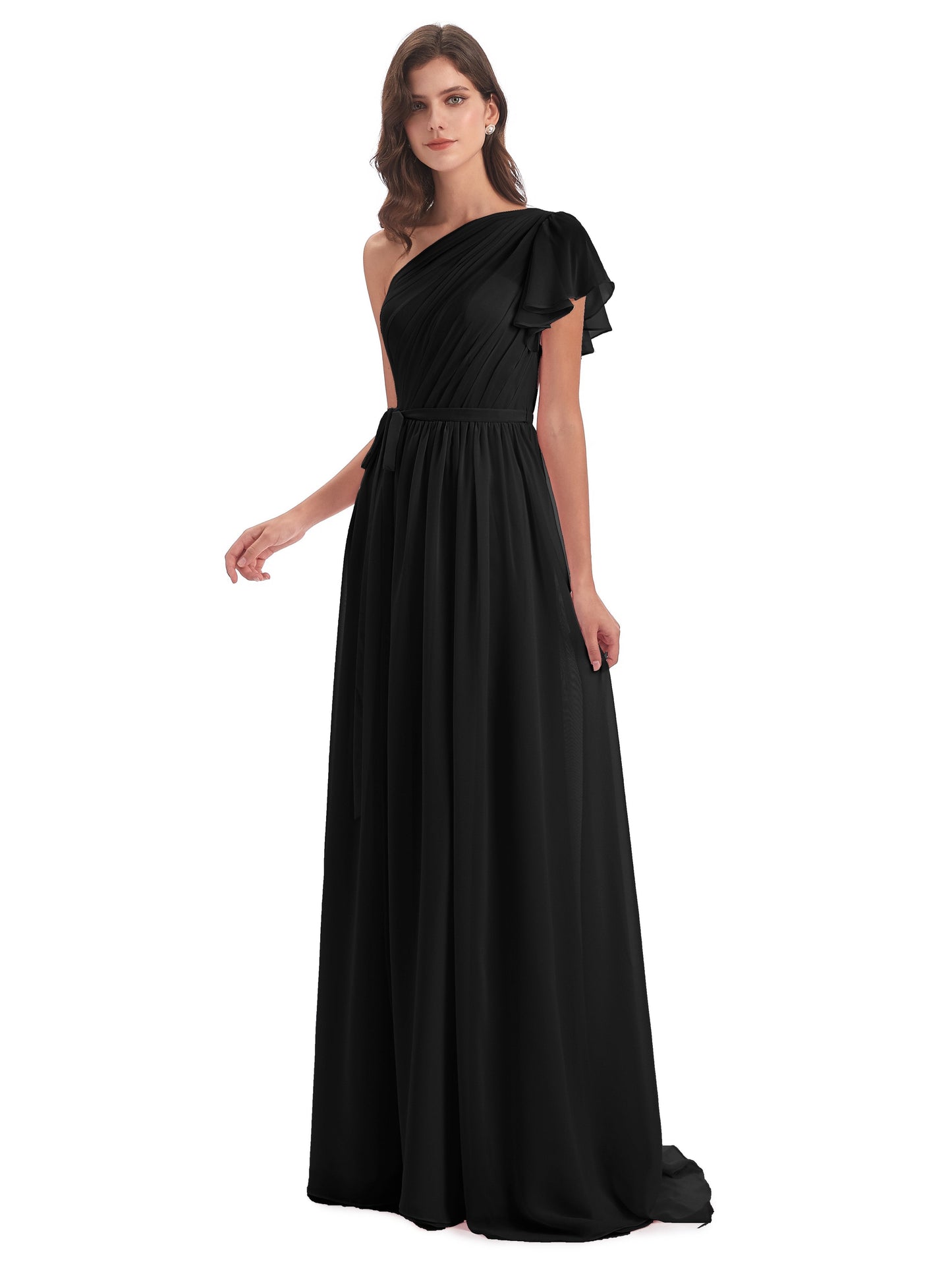 A-line Sweep-Brush Train One Shoulder Chiffon Long Bridesmaid Dresses