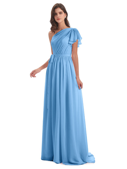 A-line Sweep-Brush Train One Shoulder Chiffon Long Bridesmaid Dresses