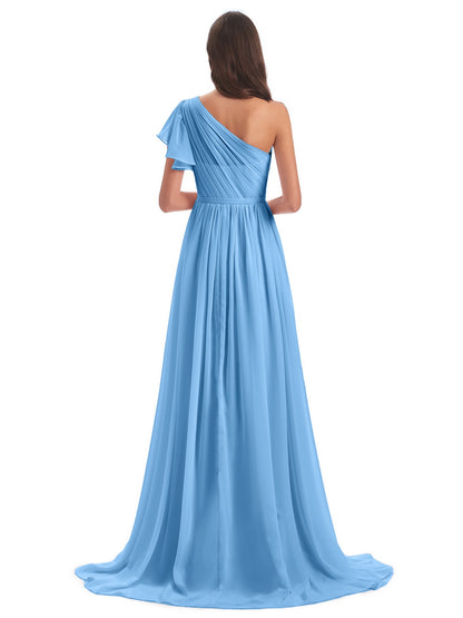 A-line Sweep-Brush Train One Shoulder Chiffon Long Bridesmaid Dresses