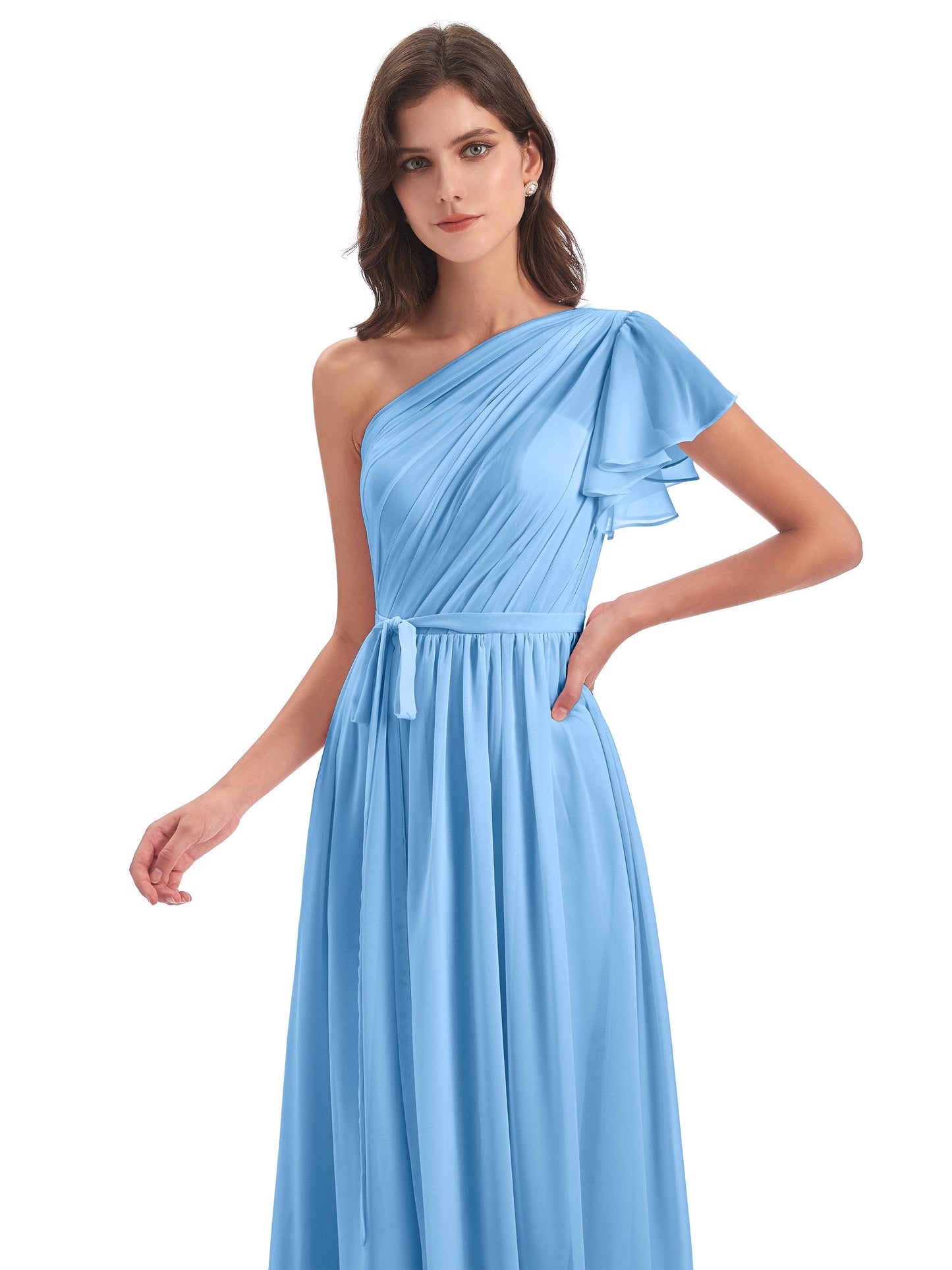 A-line Sweep-Brush Train One Shoulder Chiffon Long Bridesmaid Dresses
