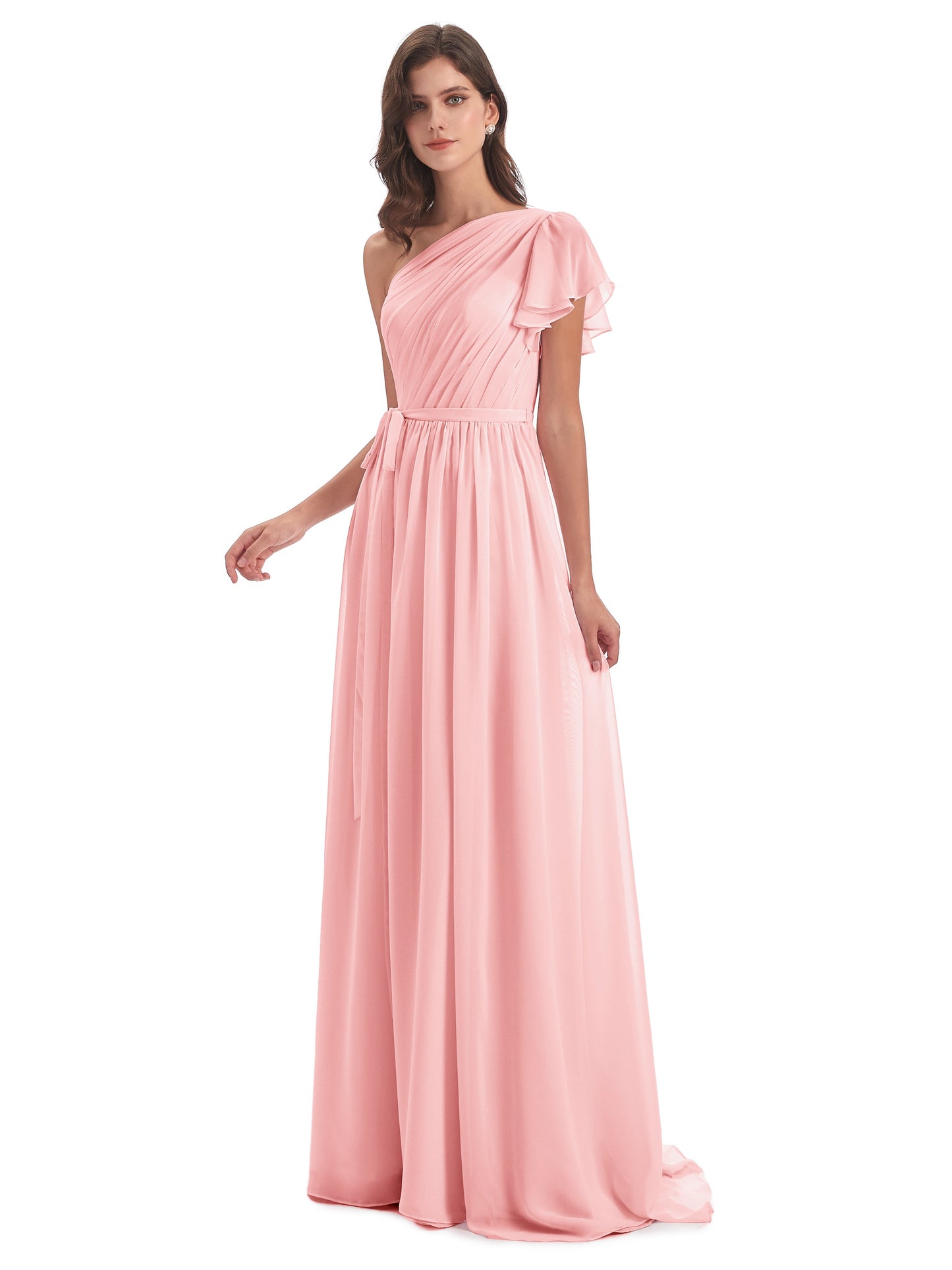 A-line Sweep-Brush Train One Shoulder Chiffon Long Bridesmaid Dresses