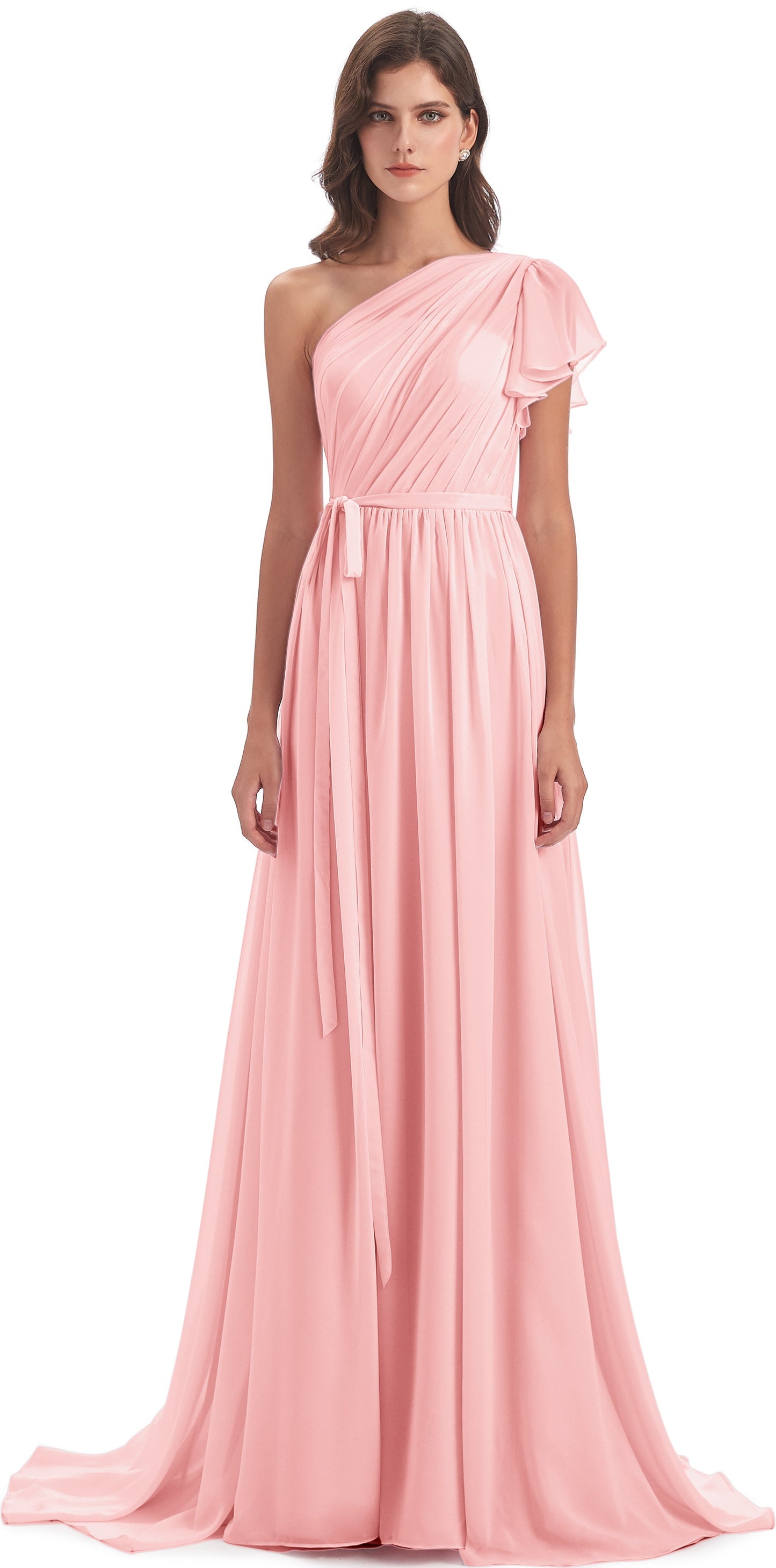 A-line Sweep-Brush Train One Shoulder Chiffon Long Bridesmaid Dresses