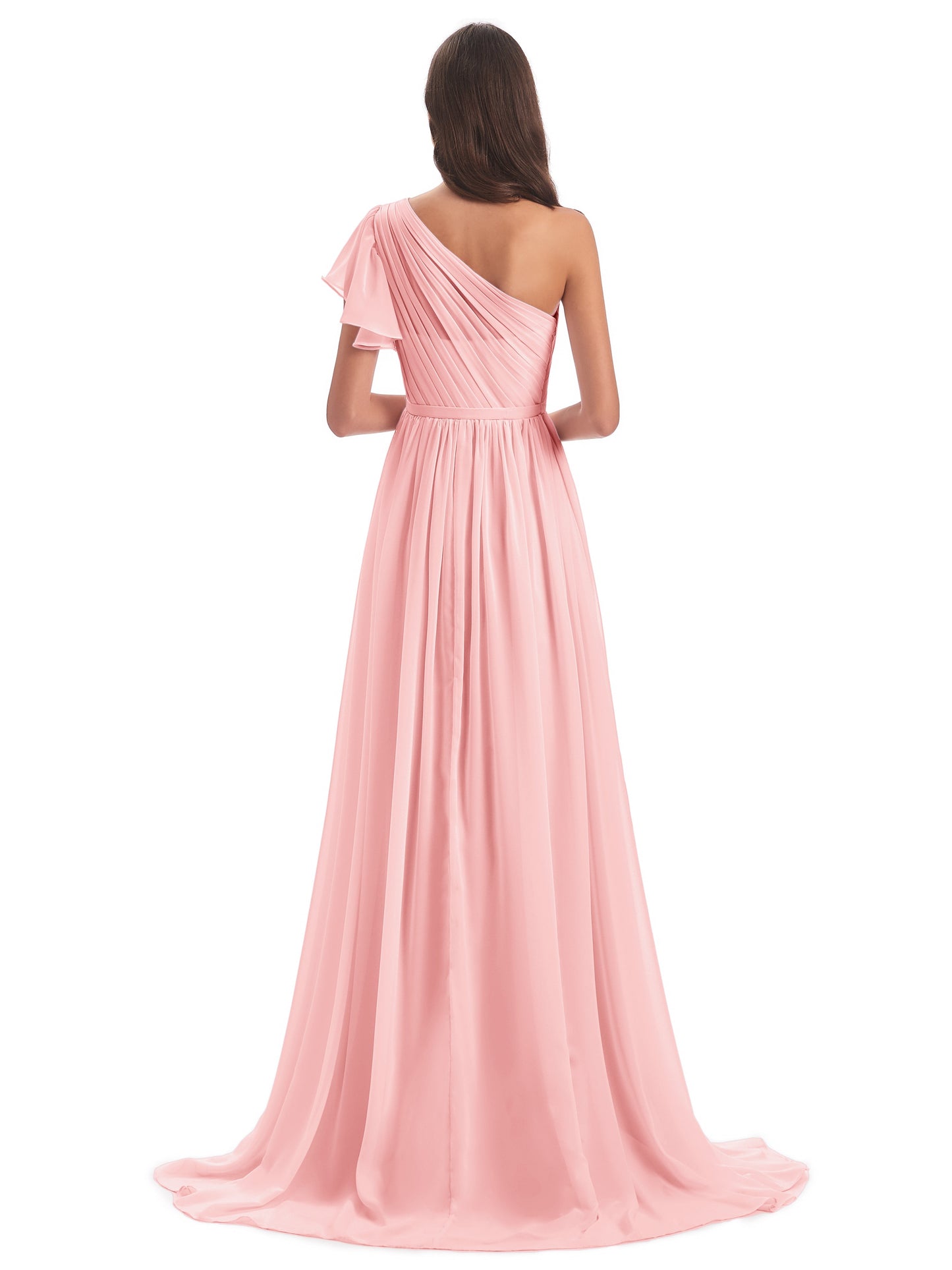A-line Sweep-Brush Train One Shoulder Chiffon Long Bridesmaid Dresses