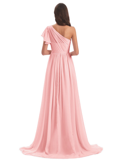 A-line Sweep-Brush Train One Shoulder Chiffon Long Bridesmaid Dresses