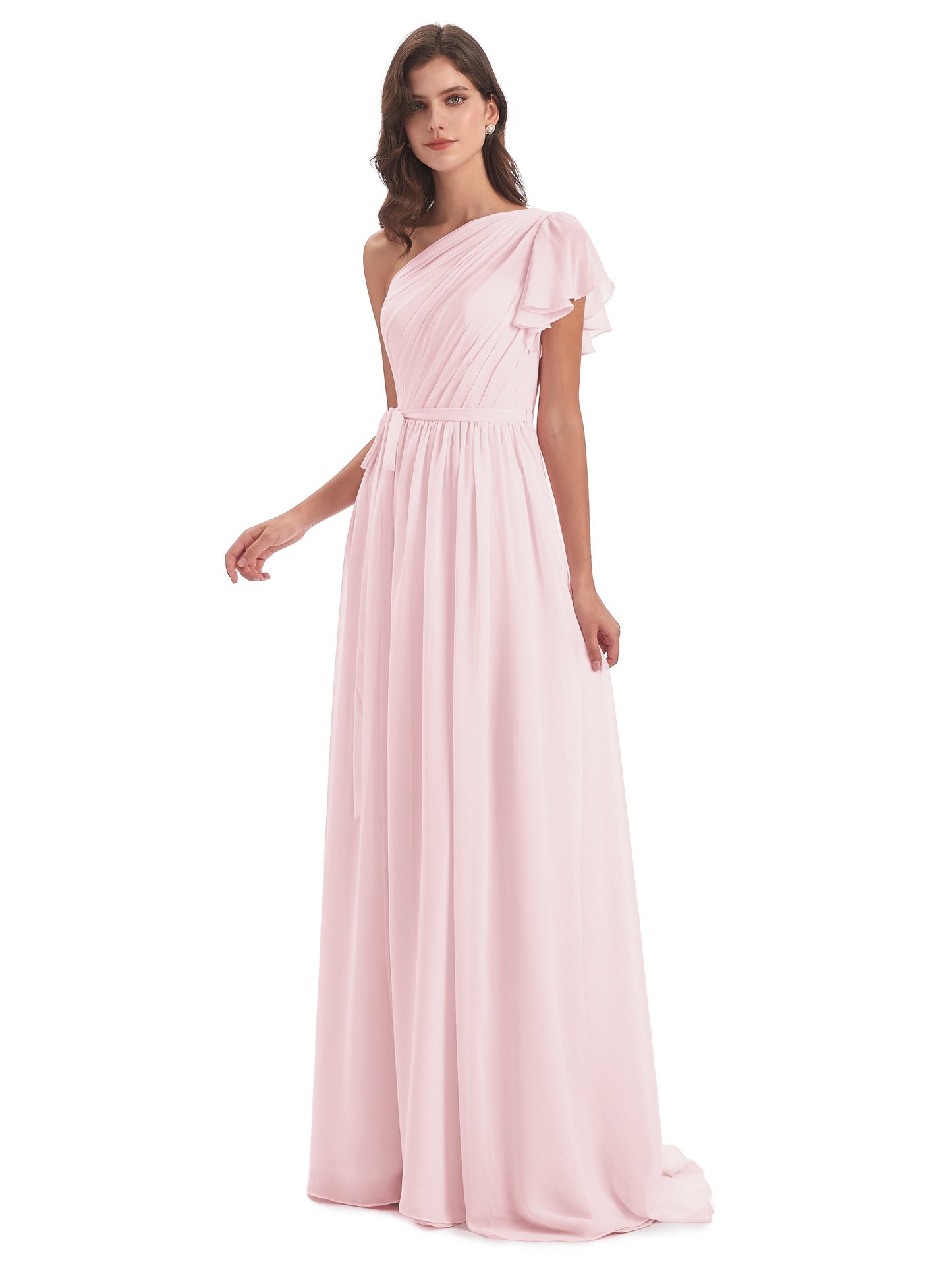 A-line Sweep-Brush Train One Shoulder Chiffon Long Bridesmaid Dresses