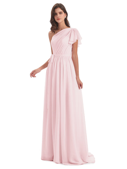 A-line Sweep-Brush Train One Shoulder Chiffon Long Bridesmaid Dresses