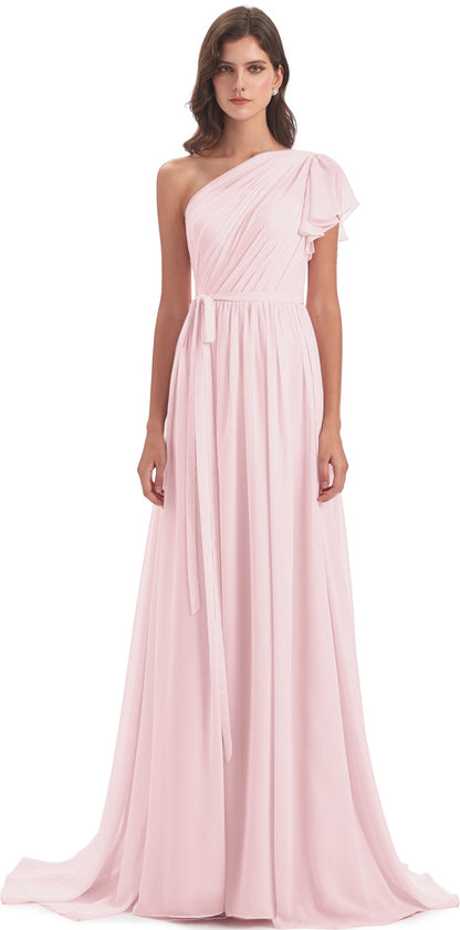 A-line Sweep-Brush Train One Shoulder Chiffon Long Bridesmaid Dresses