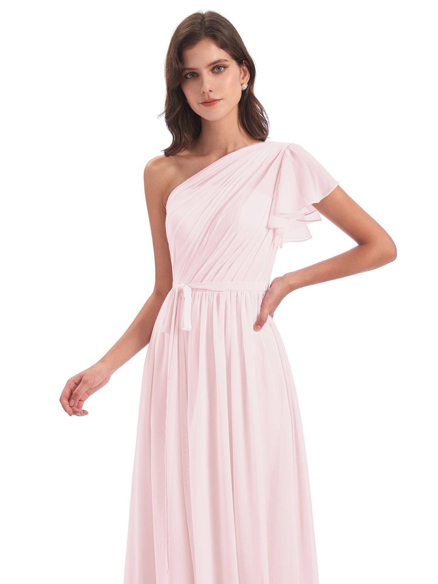 A-line Sweep-Brush Train One Shoulder Chiffon Long Bridesmaid Dresses