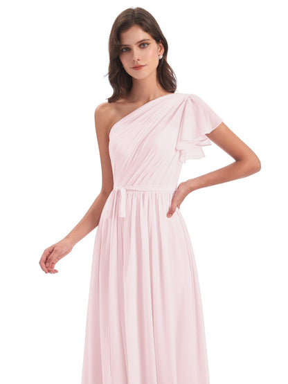 A-line Sweep-Brush Train One Shoulder Chiffon Long Bridesmaid Dresses