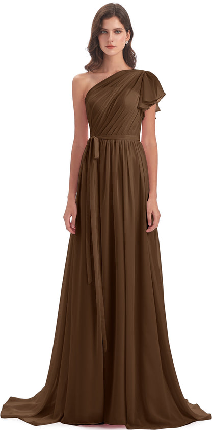 A-line Sweep-Brush Train One Shoulder Chiffon Long Bridesmaid Dresses