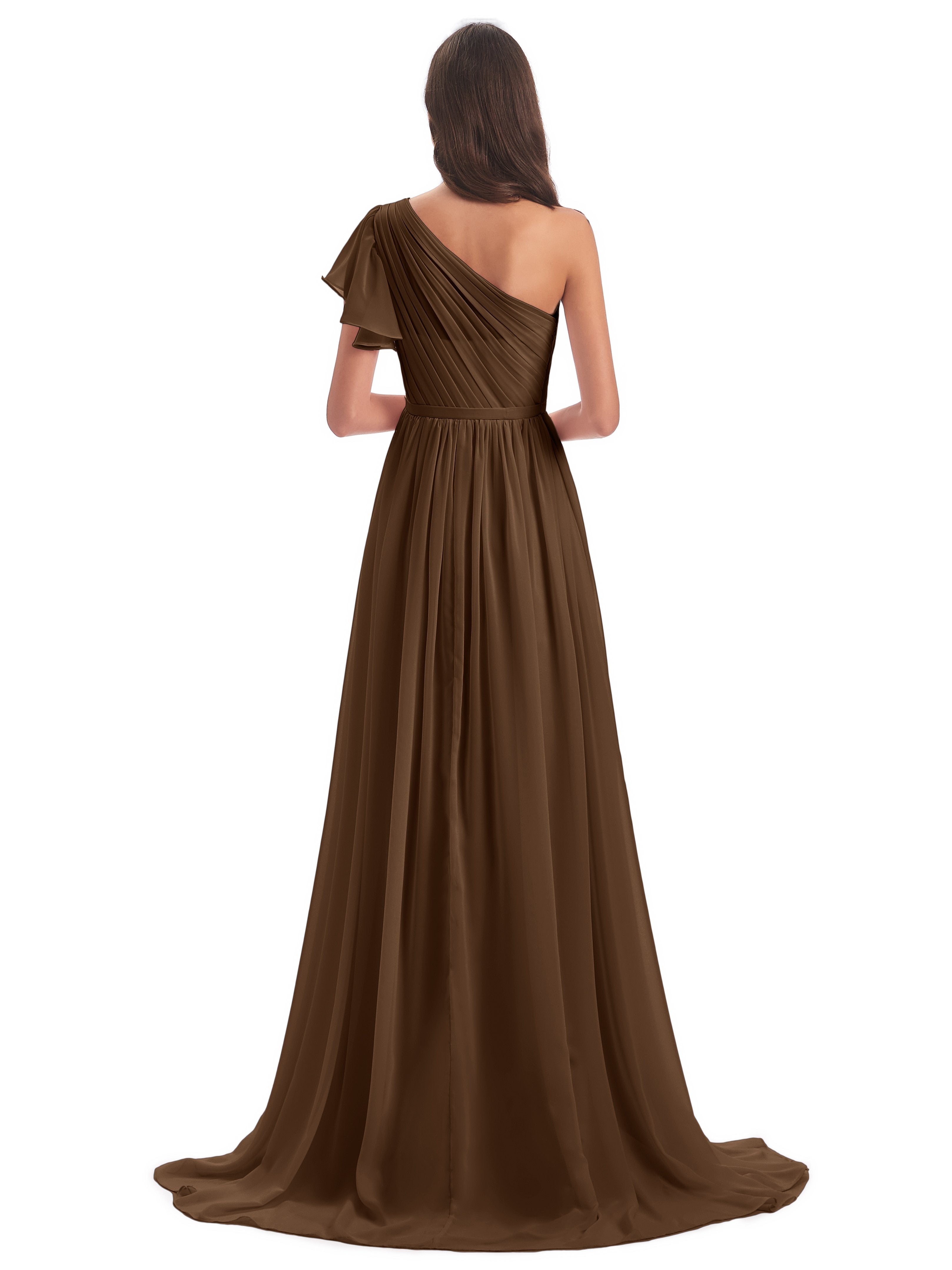 A-line Sweep-Brush Train One Shoulder Chiffon Long Bridesmaid Dresses