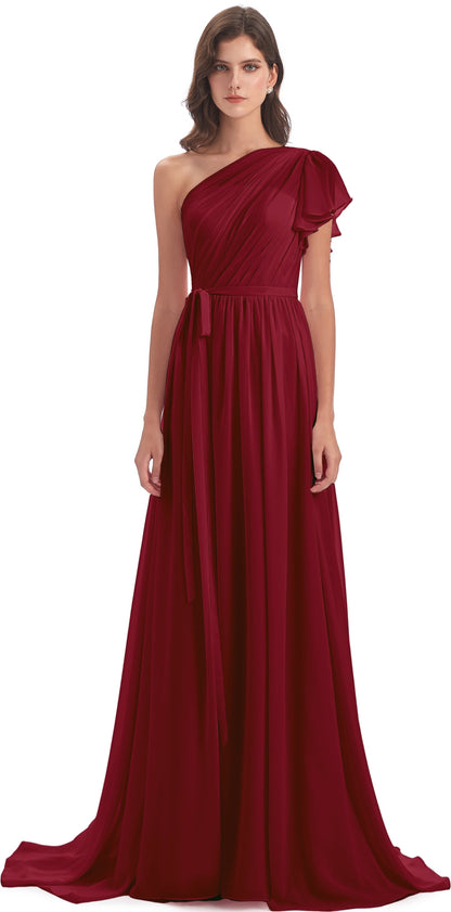 A-line Sweep-Brush Train One Shoulder Chiffon Long Bridesmaid Dresses