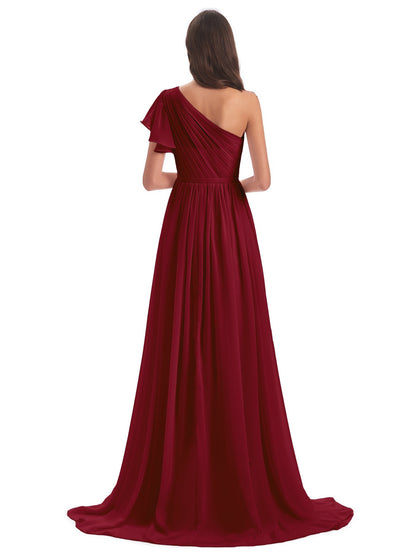 A-line Sweep-Brush Train One Shoulder Chiffon Long Bridesmaid Dresses