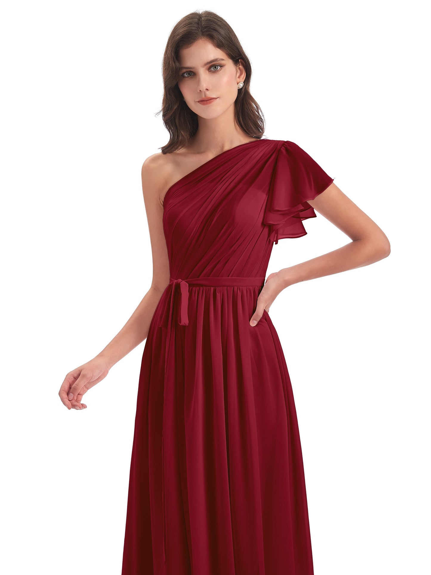 A-line Sweep-Brush Train One Shoulder Chiffon Long Bridesmaid Dresses
