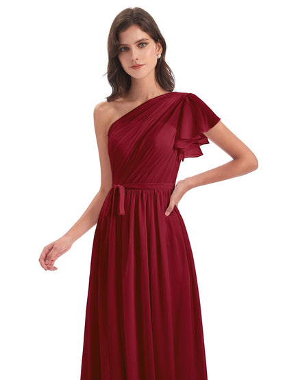 A-line Sweep-Brush Train One Shoulder Chiffon Long Bridesmaid Dresses