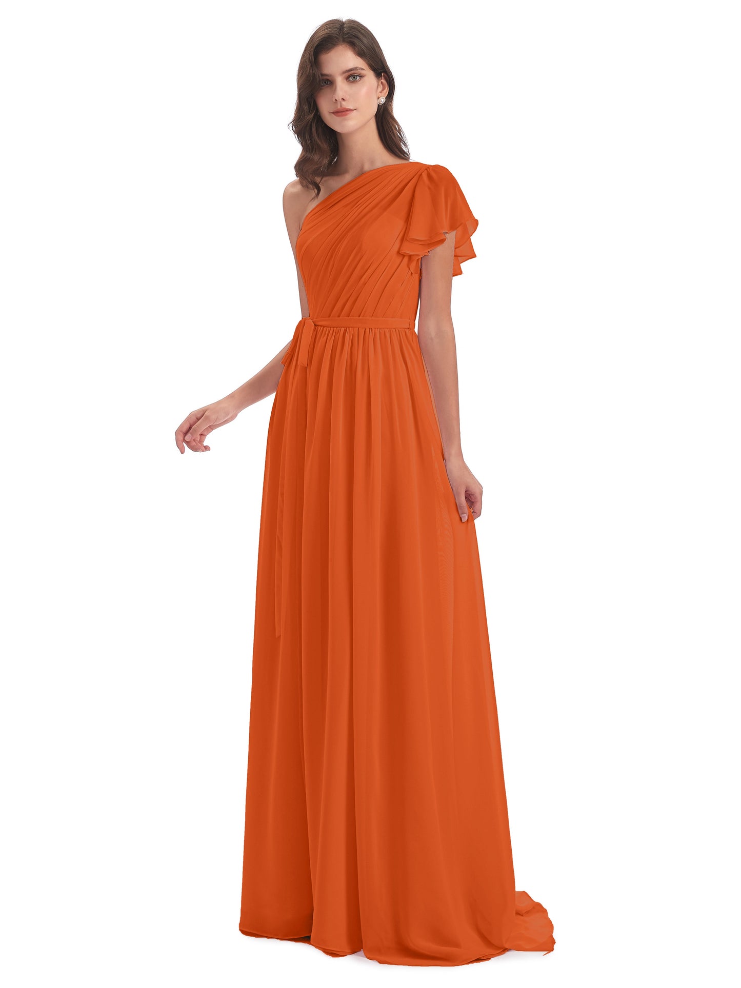 A-line Sweep-Brush Train One Shoulder Chiffon Long Bridesmaid Dresses