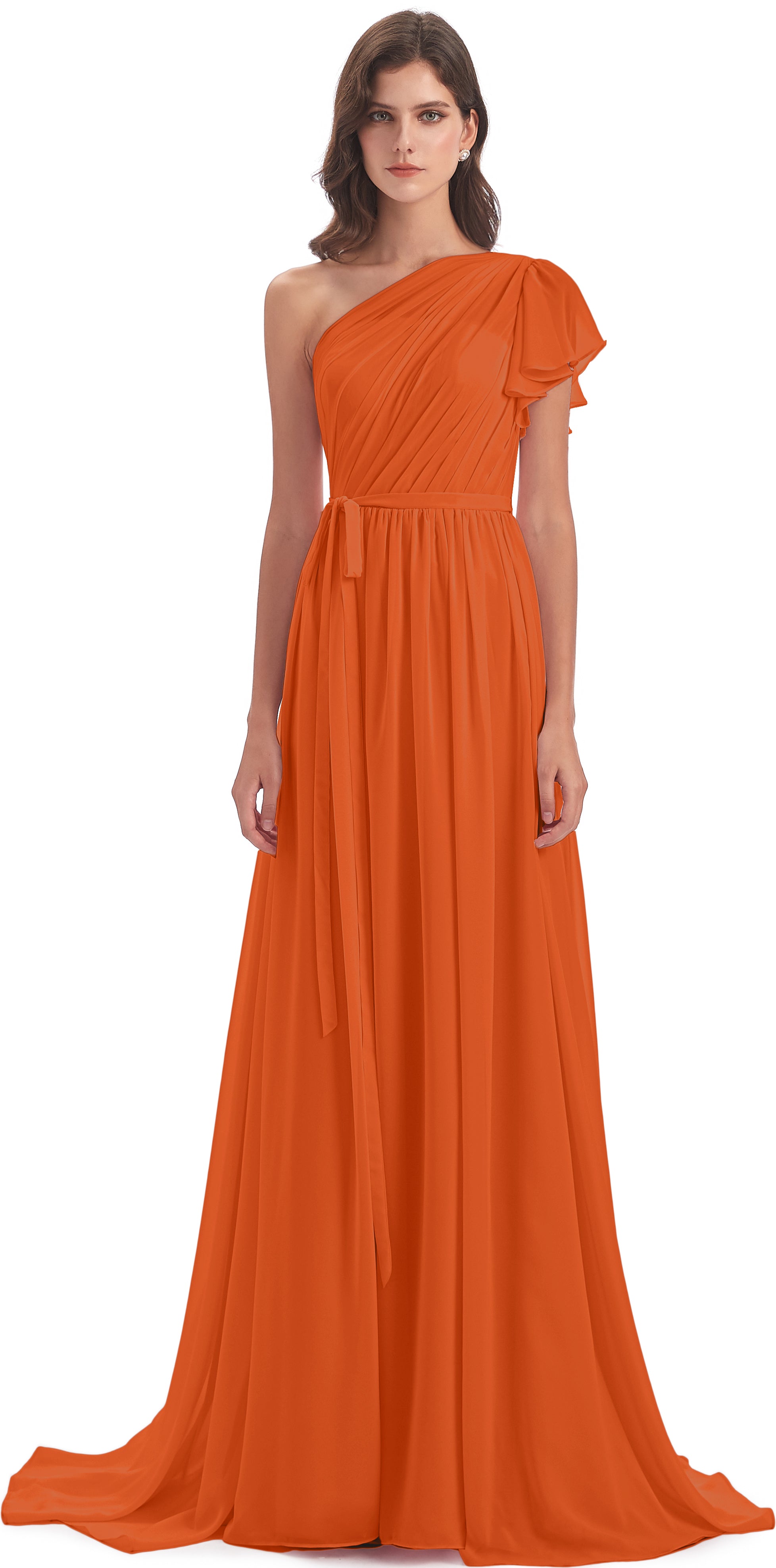 A-line Sweep-Brush Train One Shoulder Chiffon Long Bridesmaid Dresses